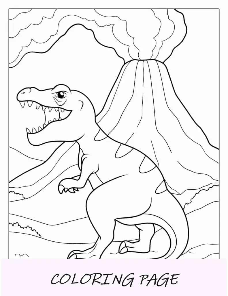 Vulkan-Malvorlagen, kostenlos als PDF zum Ausdrucken – Vulkanausbruch mit Dinosaurier zum Ausmalen