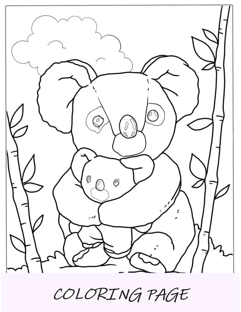 Folha para colorir do urso coala mãe e bebê