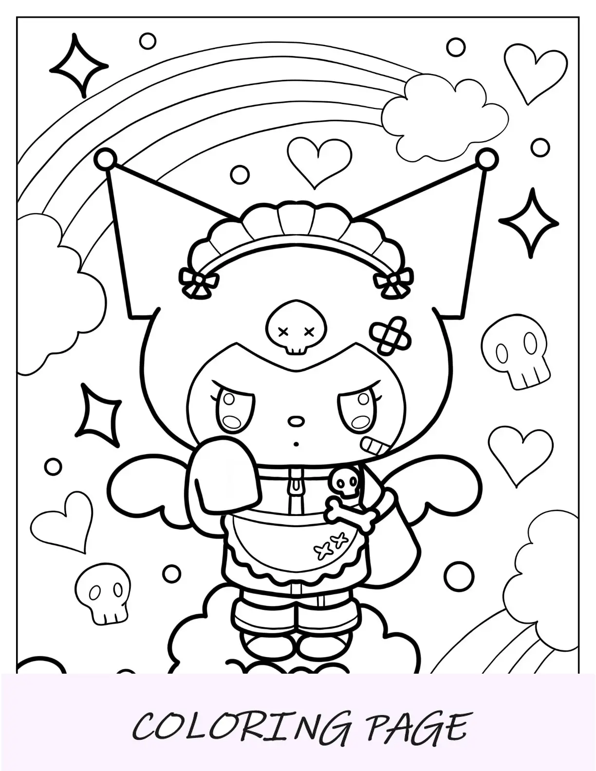 Pagina da colorare di Kuromi in uniforme da cameriera punk