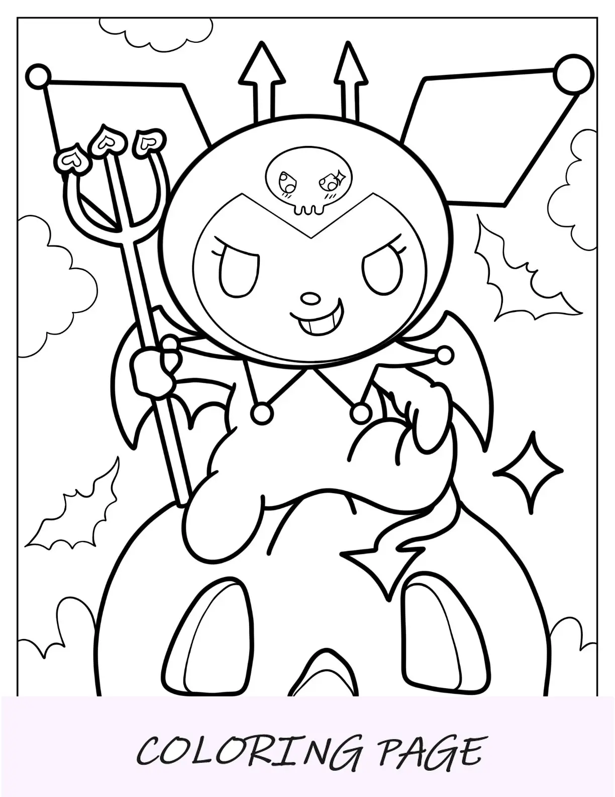 Pagina da colorare di Kuromi con il tridente mentre è seduto su Jack O Lantern Halloween