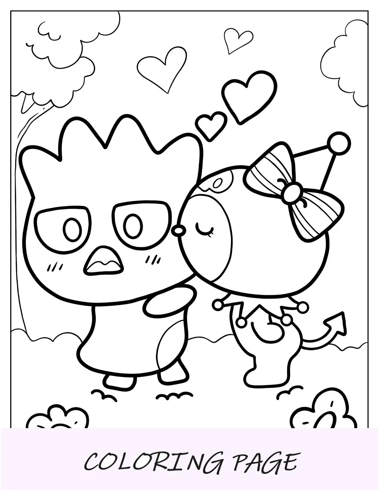 Pagina da colorare di Kuromi che bacia Badtz Maru sulla guancia