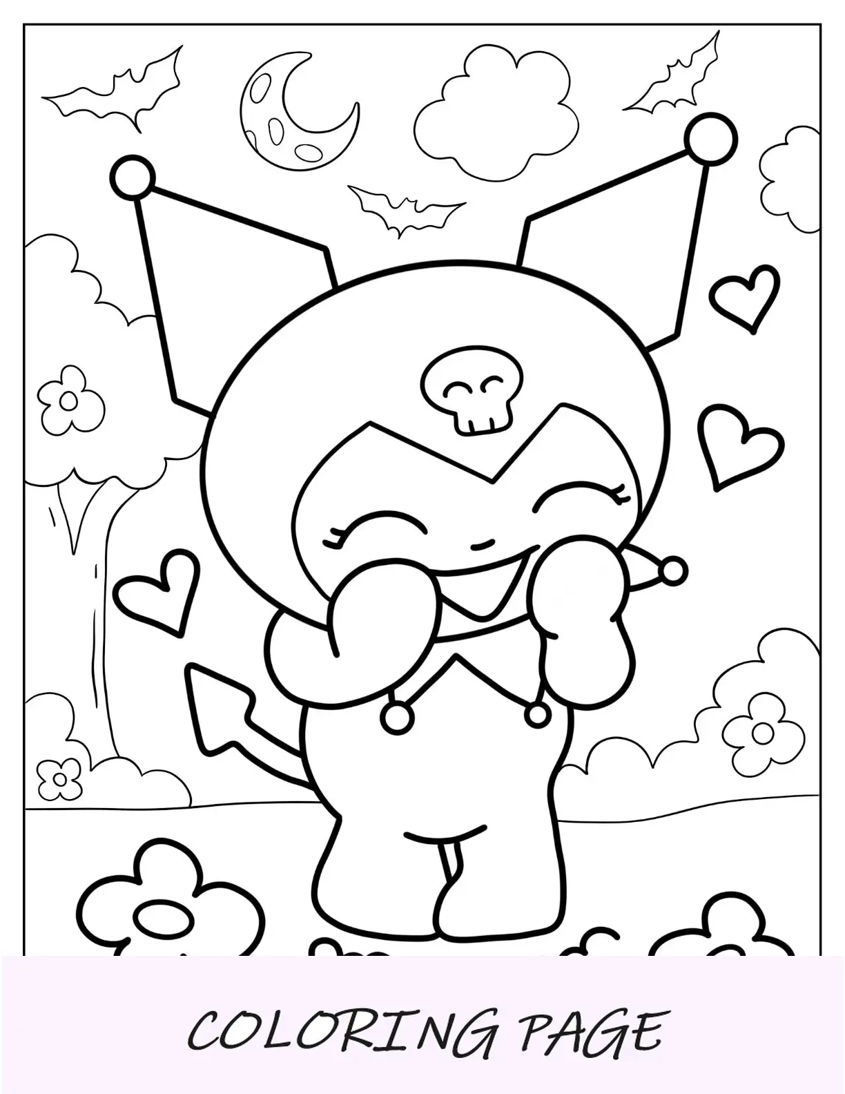 Pagina da colorare felice Kuromi in piedi nel campo dei fiori