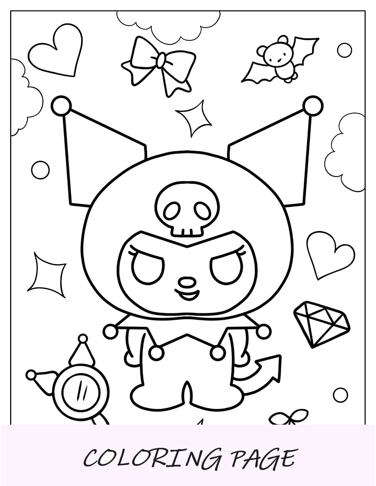 Pagina da colorare di Chibi Kuromi con pipistrelli e cuori