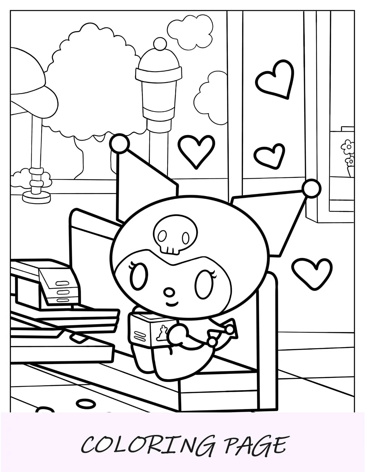 Pagina da colorare Kuromi facile con cibo in scatola