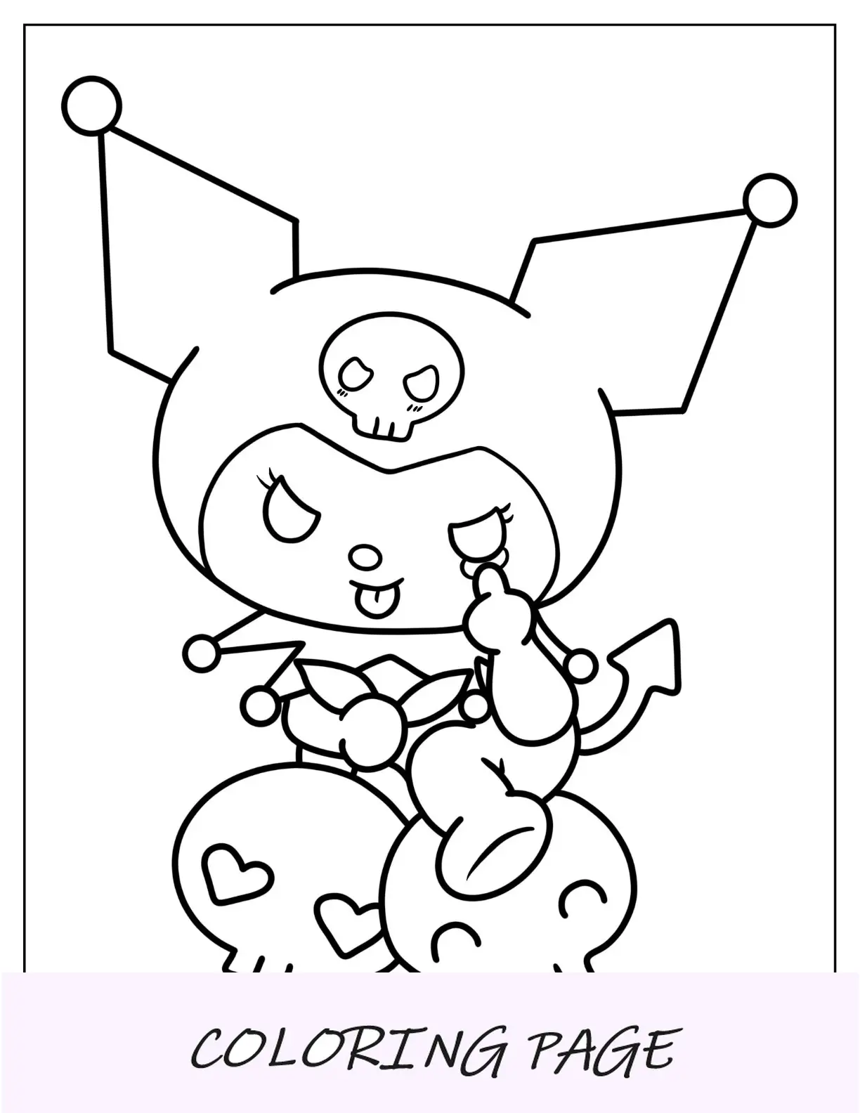 Pagina da colorare di Kuromi che fa la faccia mentre è seduto sui teschi