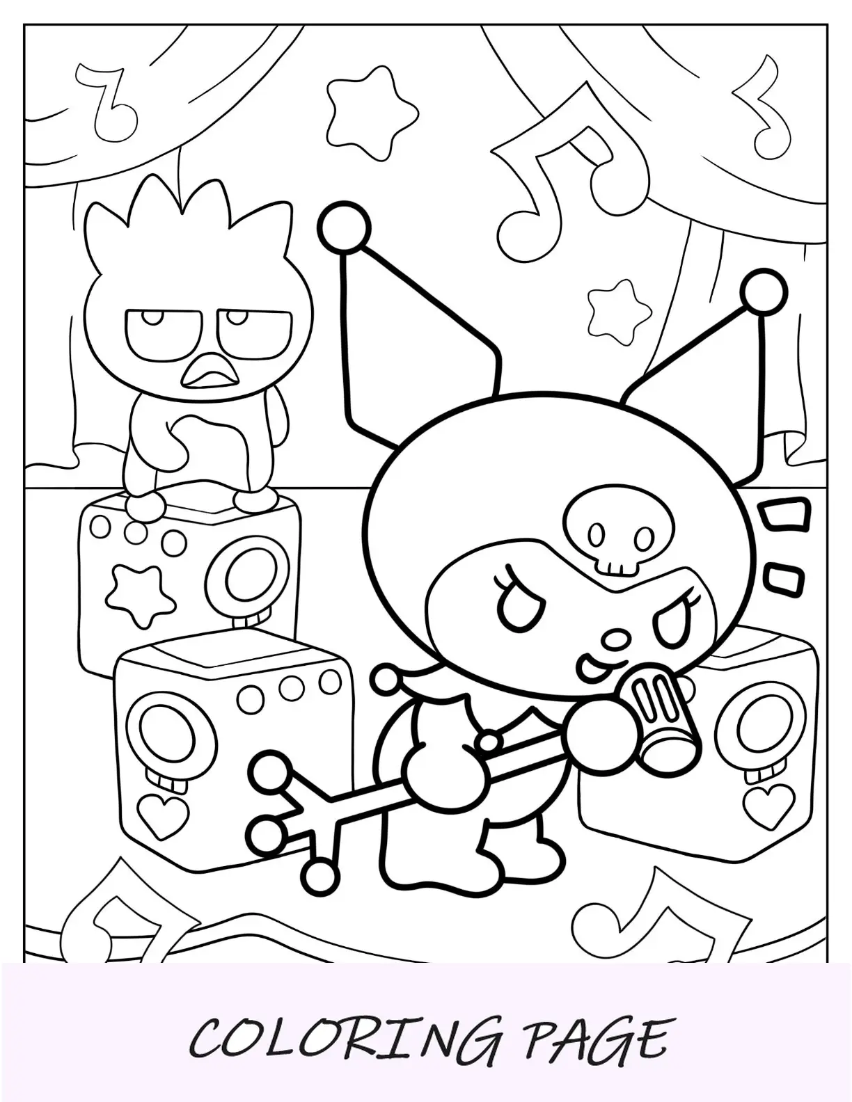 Pagina da colorare di Kuromi cantando sul palco con Badtz Maru