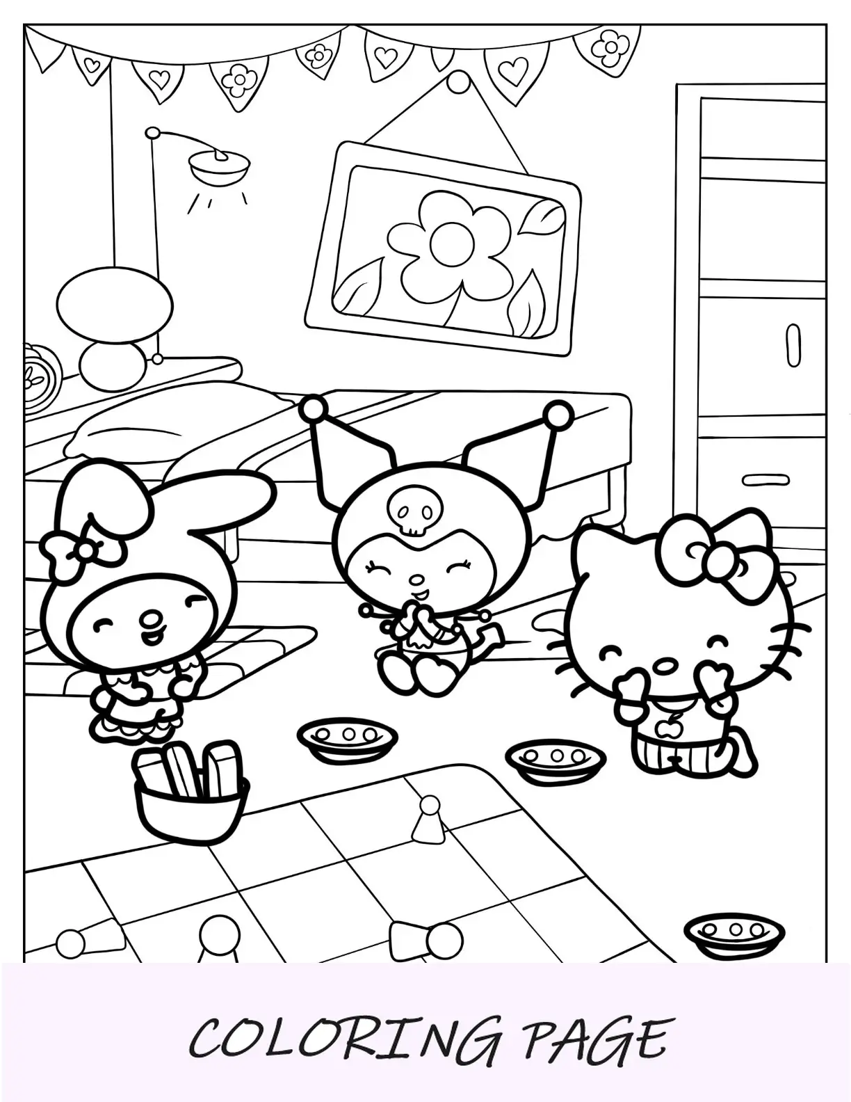 Kuromi da colorare pagina che ride con la mia melodia e Hello Kitty