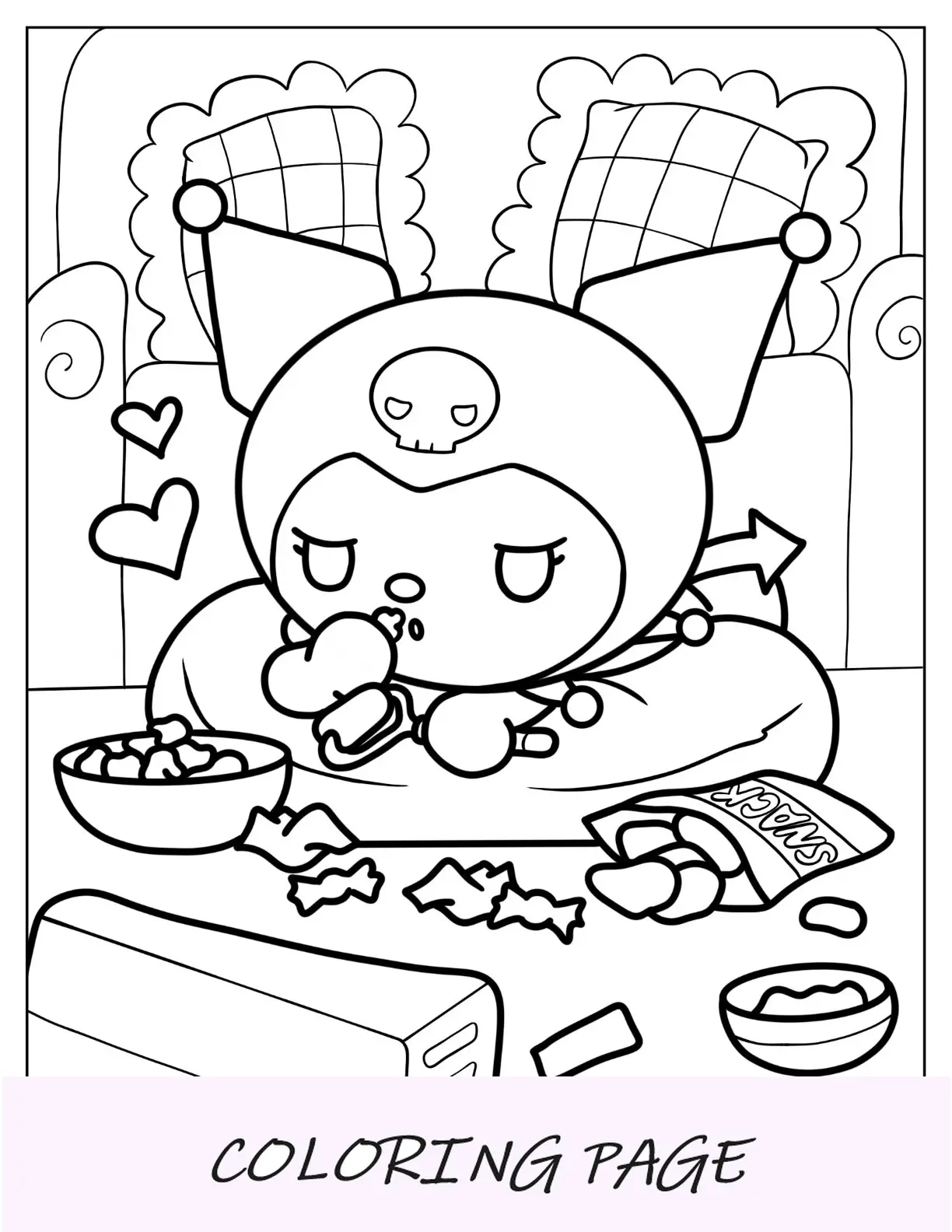 Pagina da colorare di Lazy Kuromi che mangia popcorn e patatine