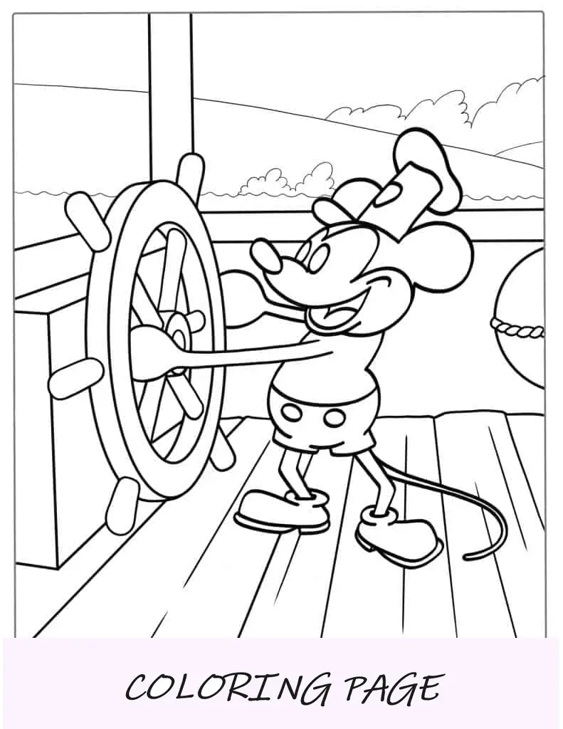 Pagina da colorare di Topolino vintage sul battello a vapore