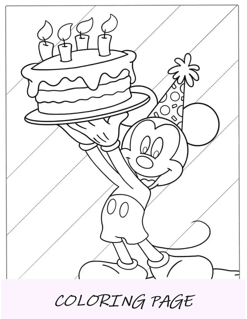 Pagina da colorare di buon compleanno di Topolino