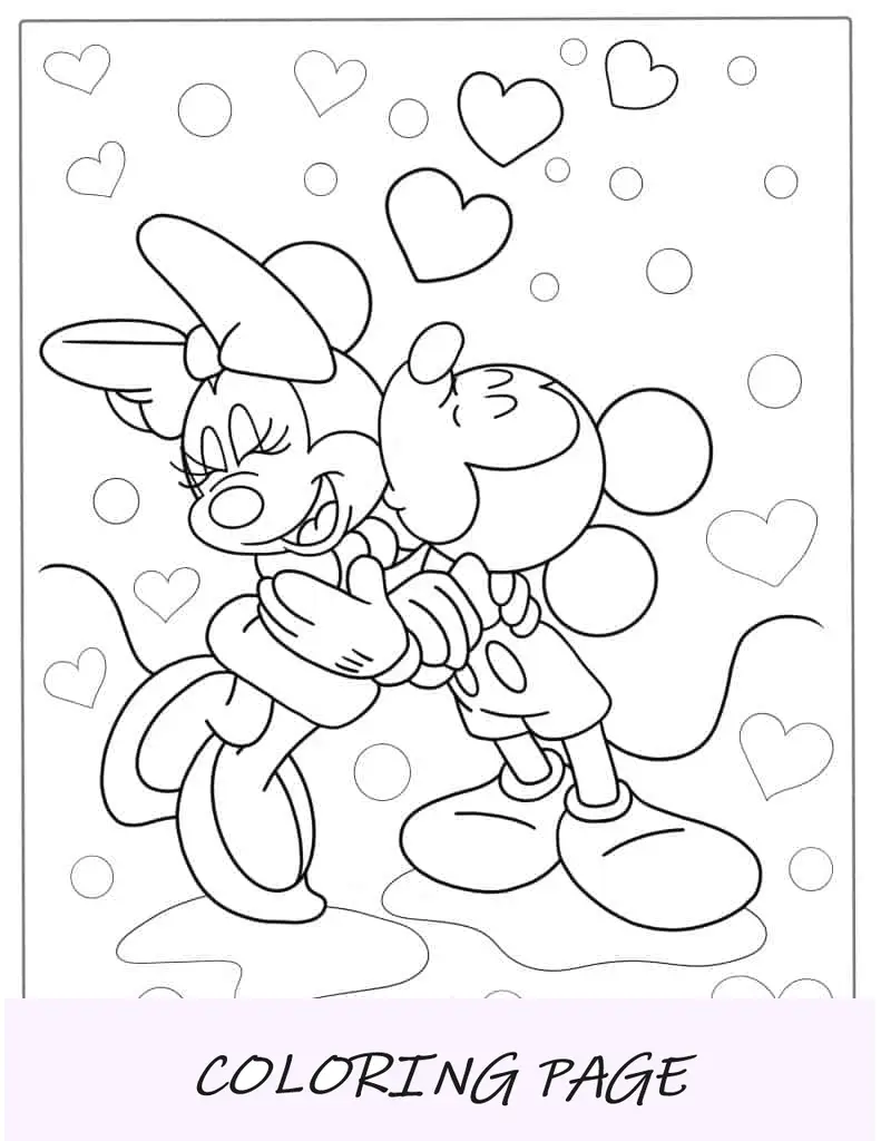 Foglio da colorare di Topolino che bacia Minnie