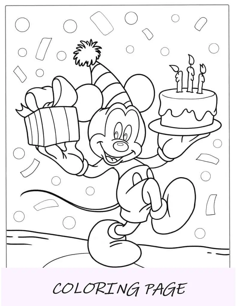 Pagina da colorare di buon compleanno Topolino