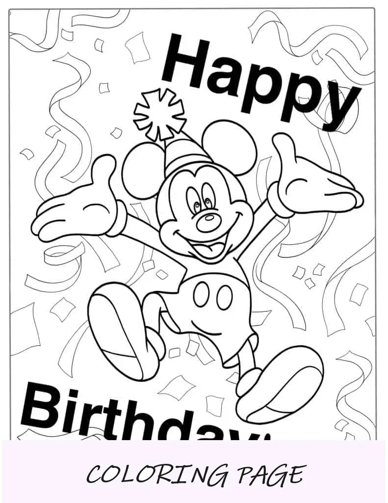Foglio da colorare di buon compleanno Topolino