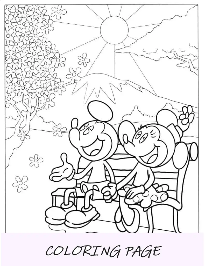 Topolino e Minnie seduti sulla panchina a colorare