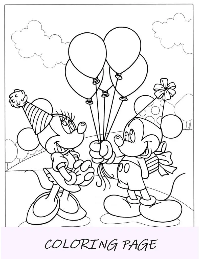 Topolino e Minnie con palloncini di compleanno da colorare