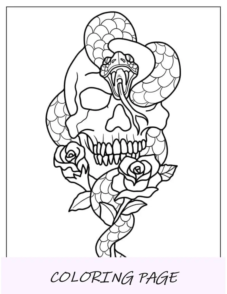 Página para colorear de calavera y serpiente