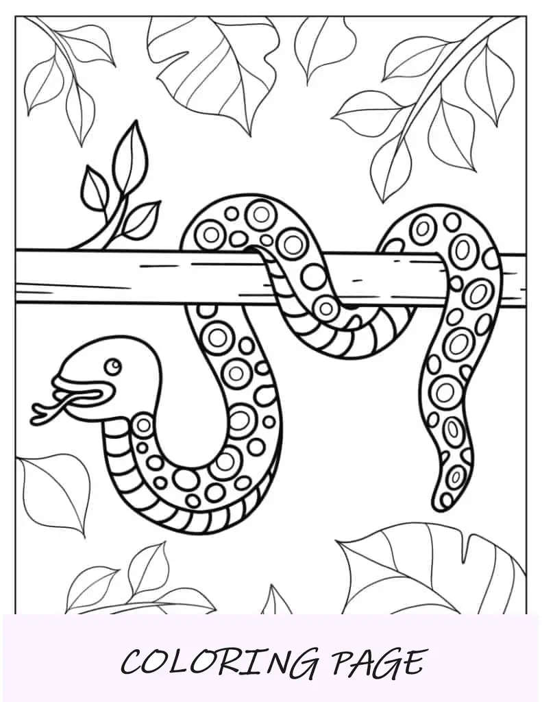Linda serpiente colgando de una rama para colorear
