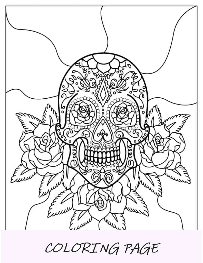 Página para colorir intrincada caveira de açúcar