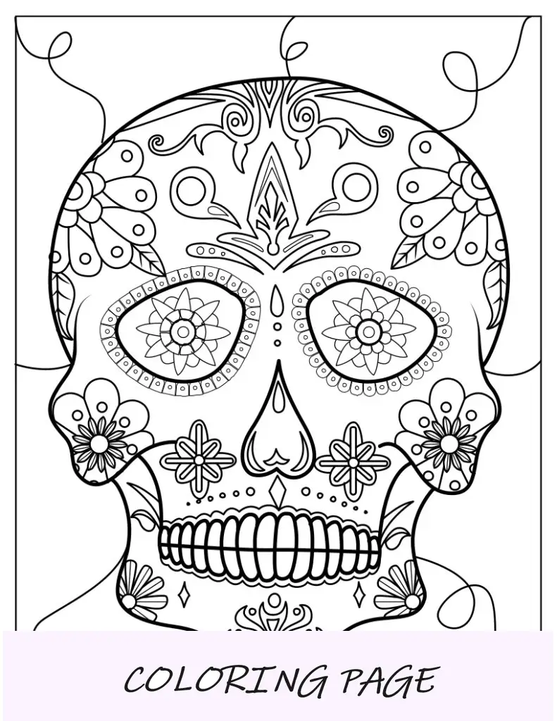 Folha para colorir com desenho de caveira de açúcar com múltiplas flores