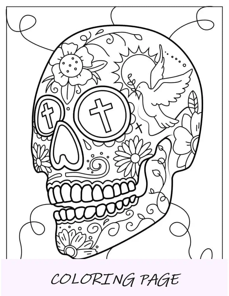 Folha para colorir de caveira de açúcar com cruz nos olhos