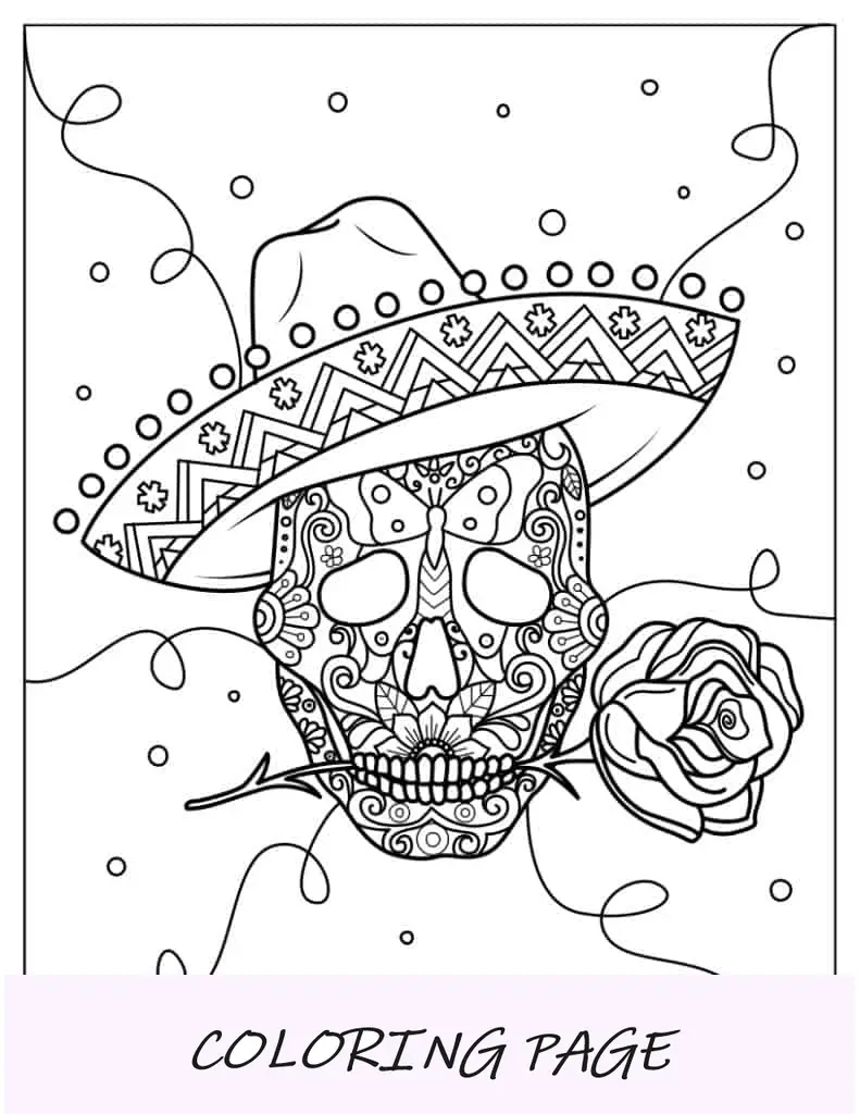 Página para colorir de caveira de açúcar usando sombrero