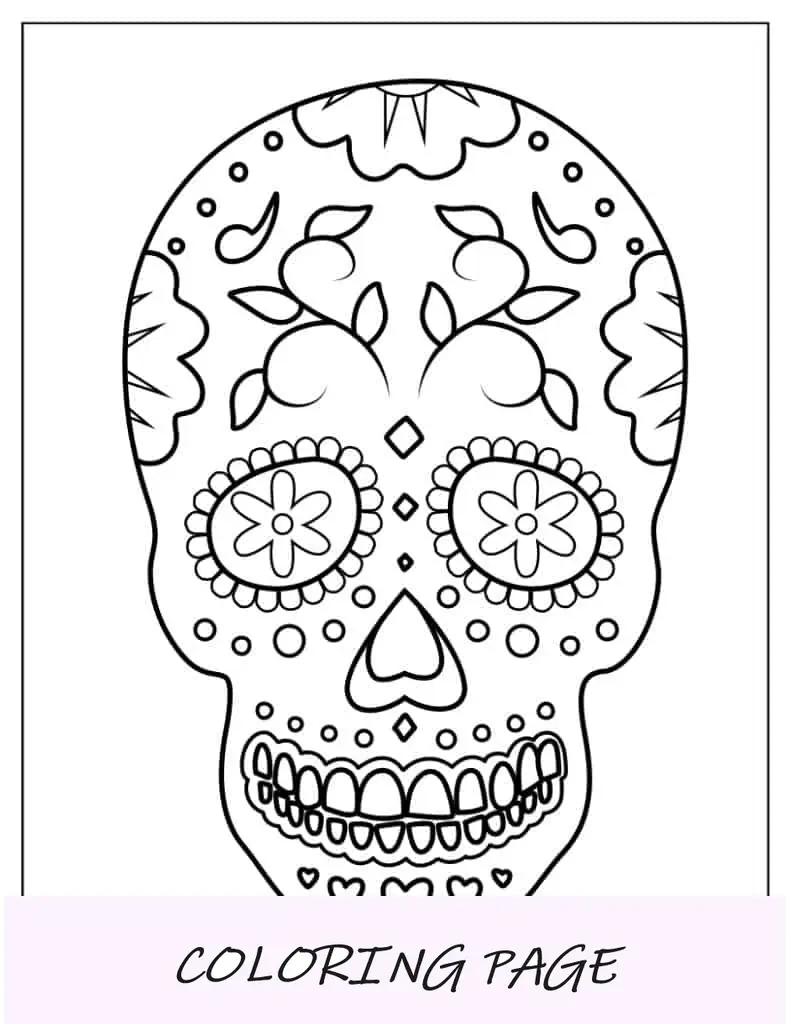 Página para colorir de caveira de açúcar com flores e corações
