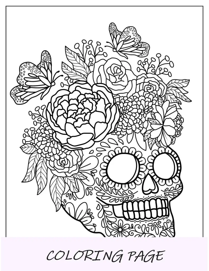 Página para colorir de caveira de açúcar com flores e borboletas