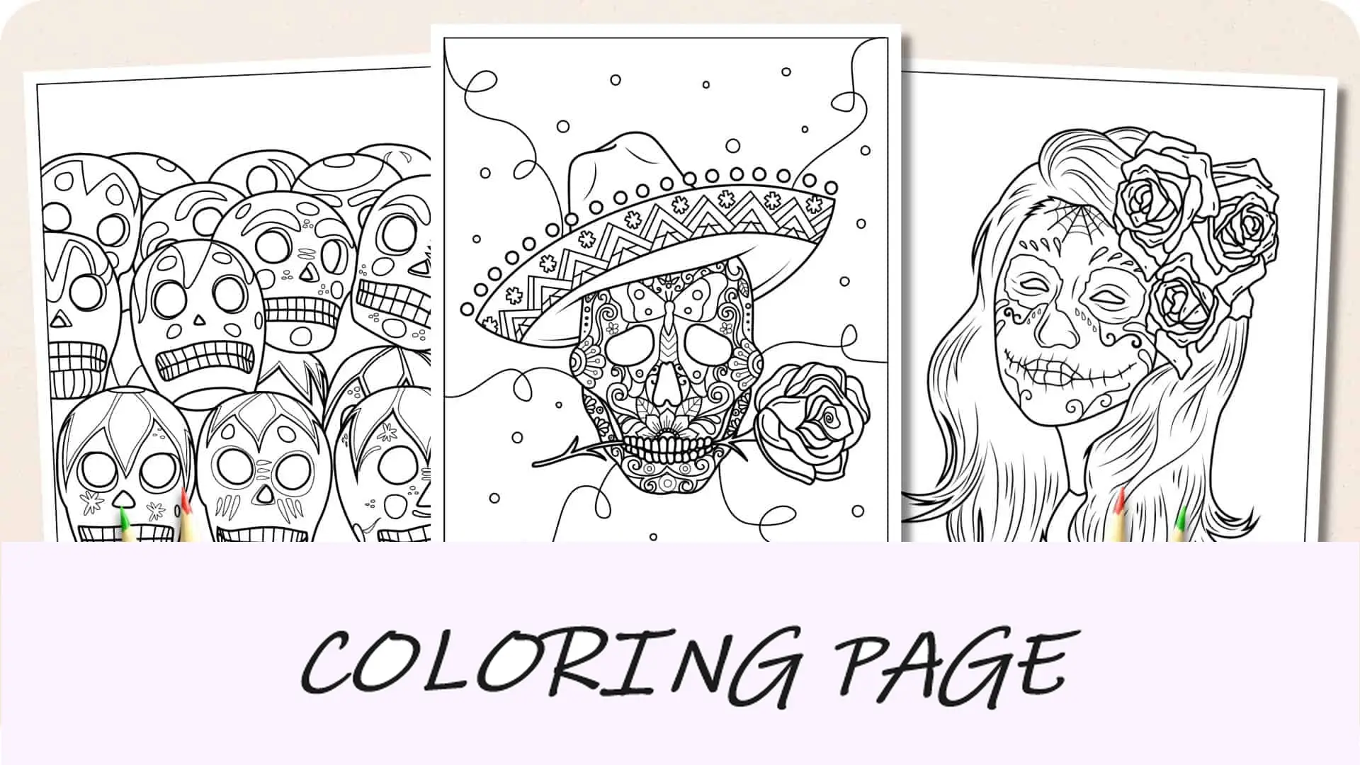 Imagem em destaque de páginas para colorir de caveira de açúcar