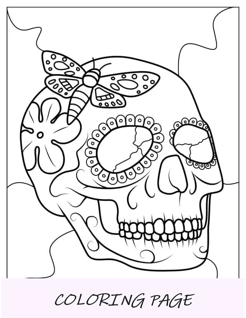Caveira de açúcar com mariposa no topo para colorir