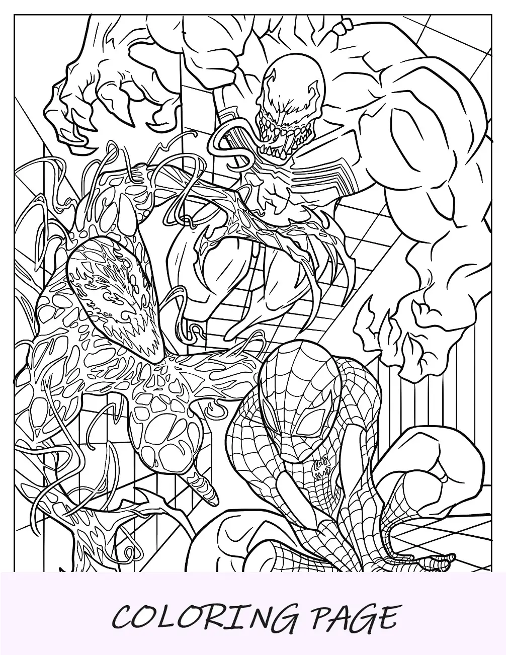 Dibujo para colorear de Venom y Carnage persiguiendo a Spider Man