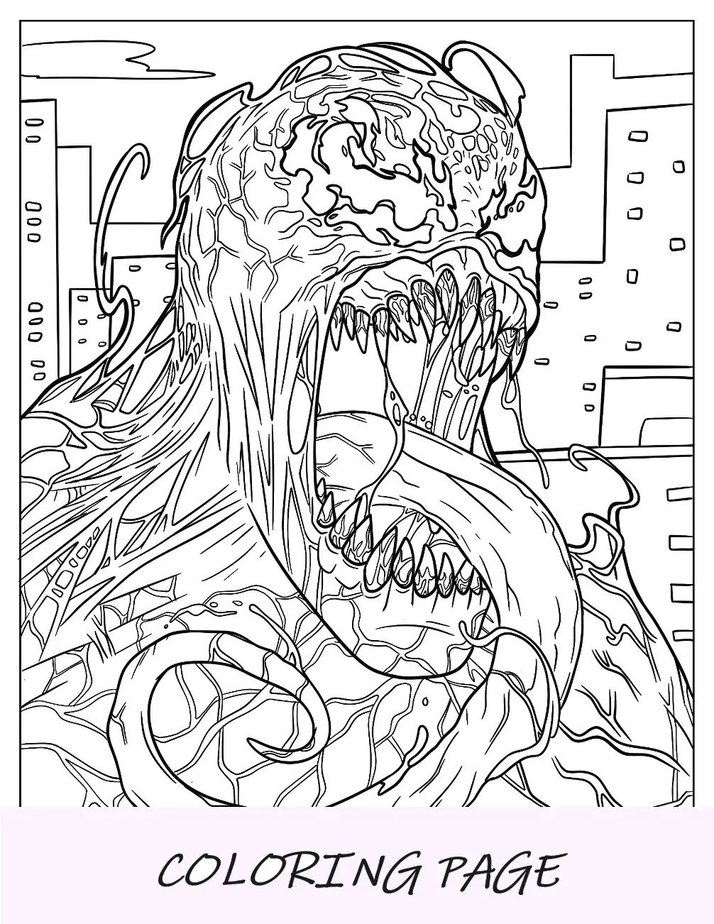 Primer plano aterrador de la página para colorear Carnage con la lengua fuera