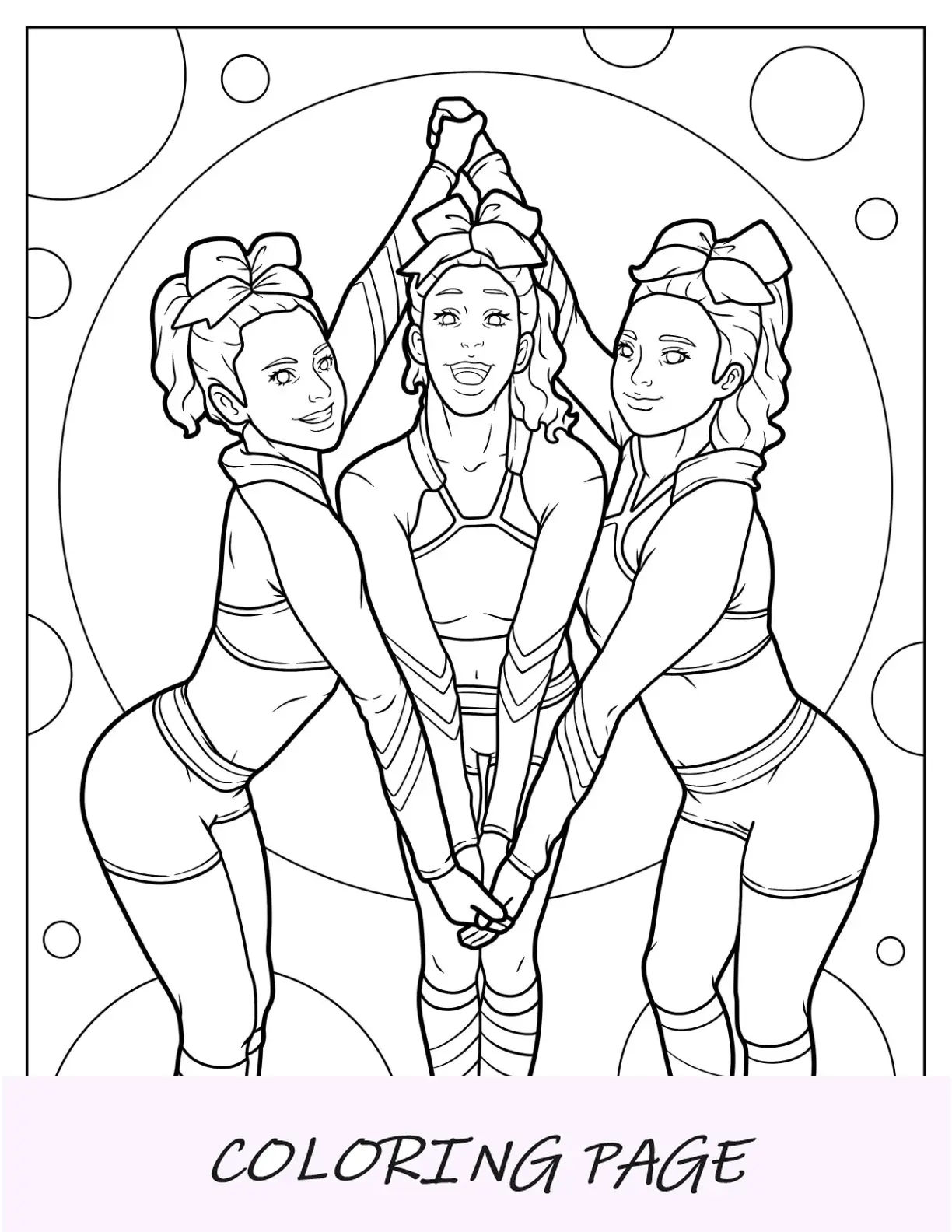 Página para colorear de porristas de tres lindas porristas posando en uniformes