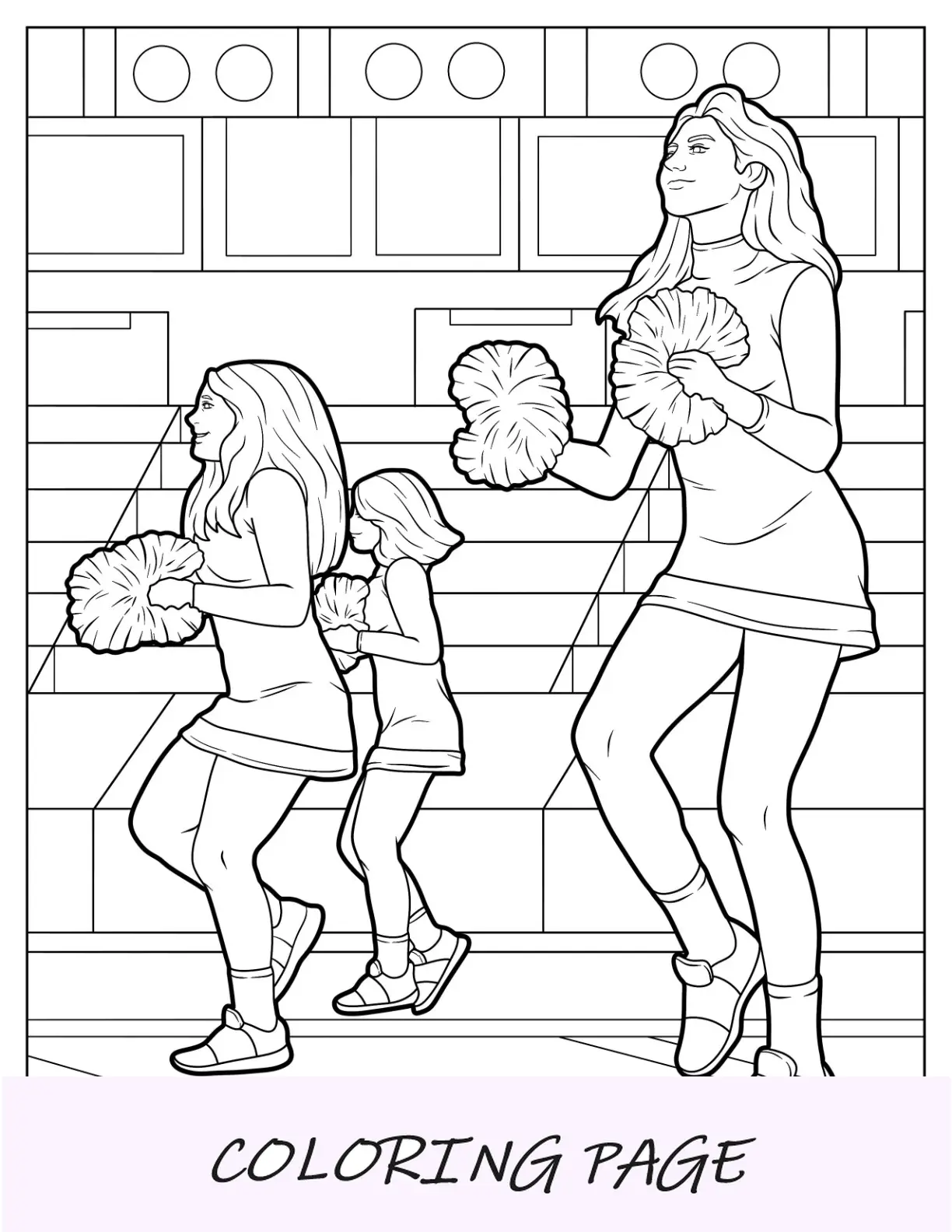 Página para colorear de porristas de tres porristas bailando simples