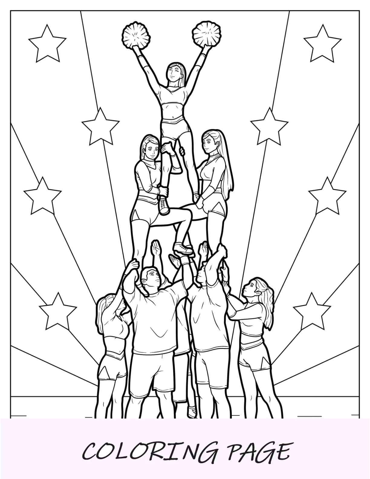 Porristas Página para colorear de porristas haciendo acrobacias piramidales