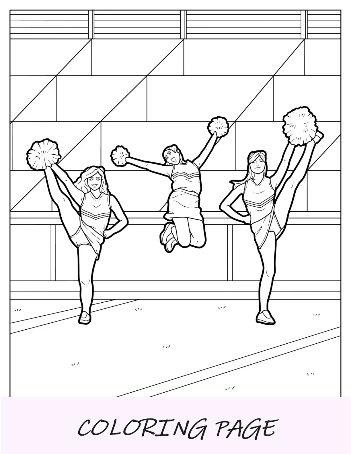 Página para colorear de porristas de tres porristas con pompones haciendo acrobacias