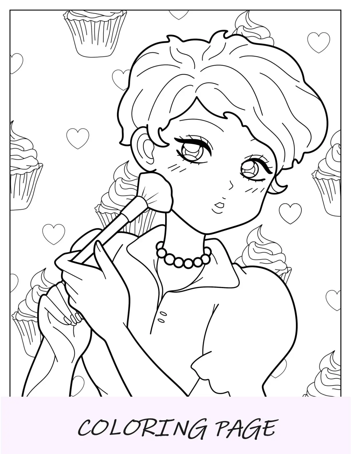 Pagina da colorare di trucco della donna Kawaii che applica la polvere sul viso per i bambini