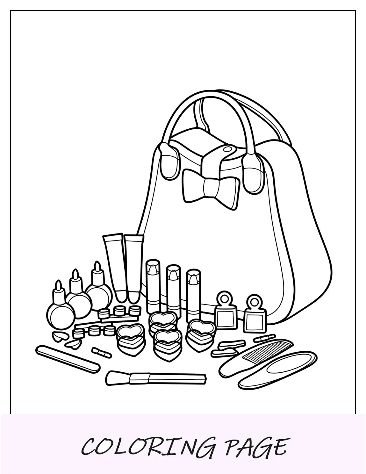 Pagina da colorare di trucco carino del kit presentato in borsa