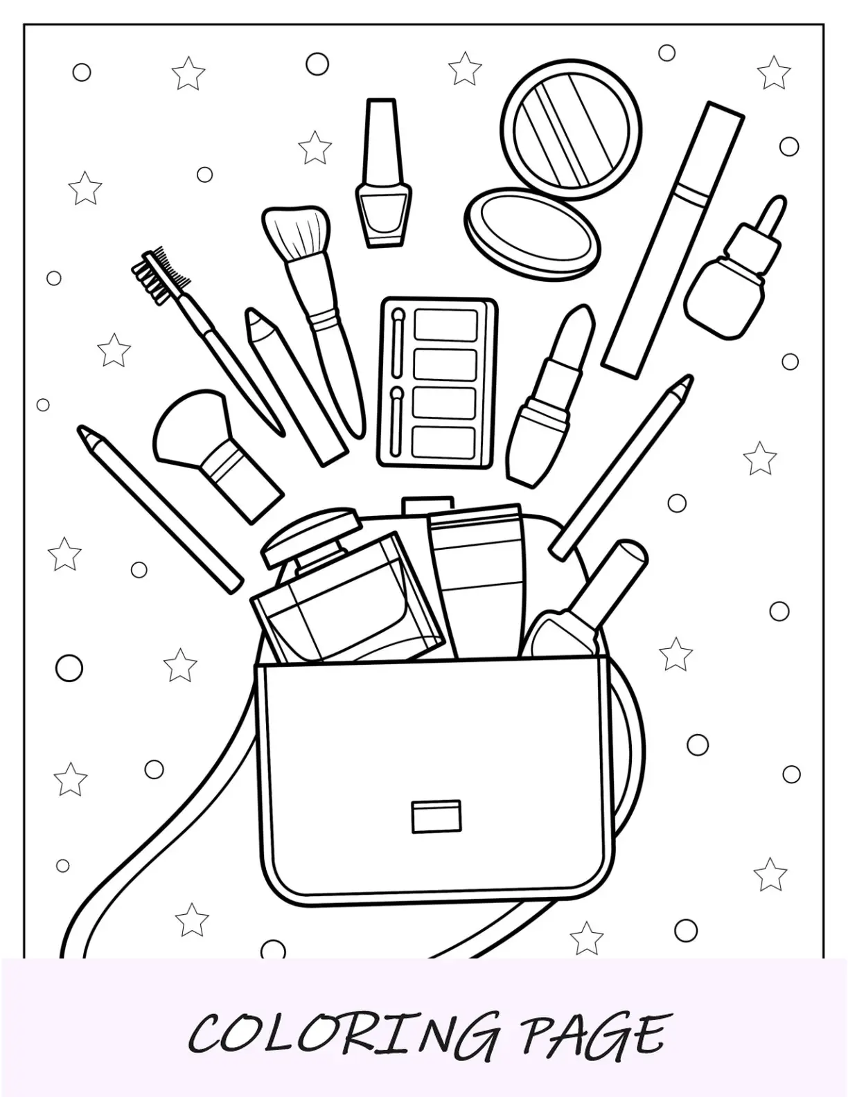 Pagina da colorare di trucco della borsa con set completo di trucco