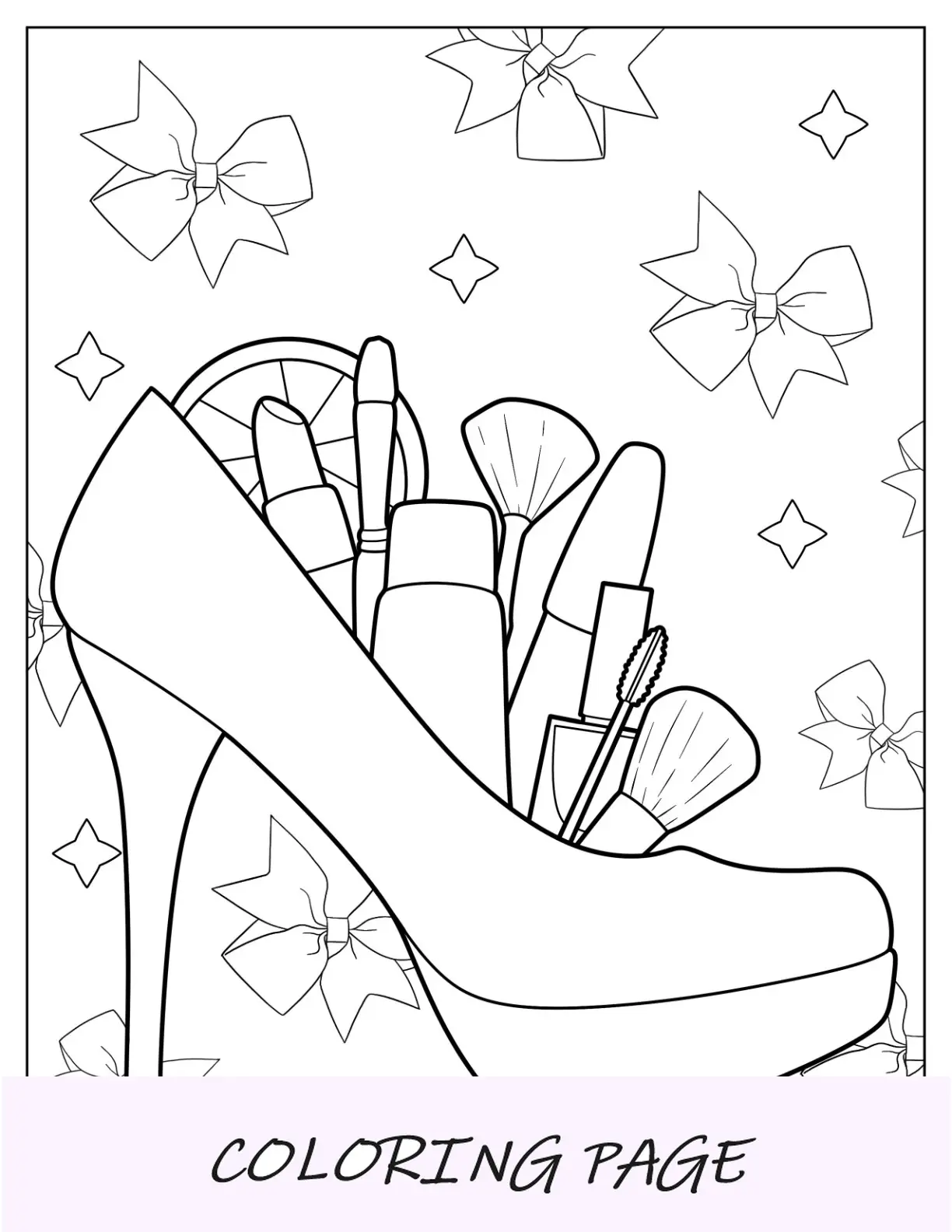 Pagina da colorare per il trucco di Stiletto piena di pennelli per trucco, rossetto e fondotinta