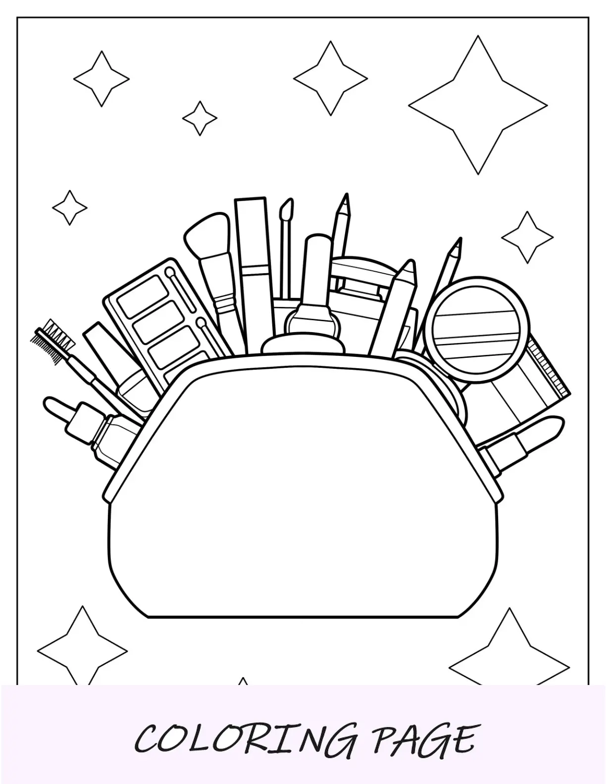 Pagina da colorare per il trucco del kit pieno di pennelli, tavolozze, eyeliner, fondotinta e specchio