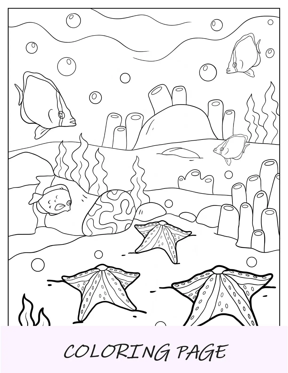 Página para colorir realista de estrela do mar no fundo do mar com peixes