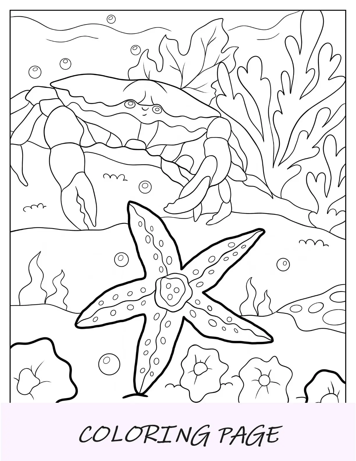 Caranguejo de desenho animado se aproximando da página para colorir da estrela do mar no mar