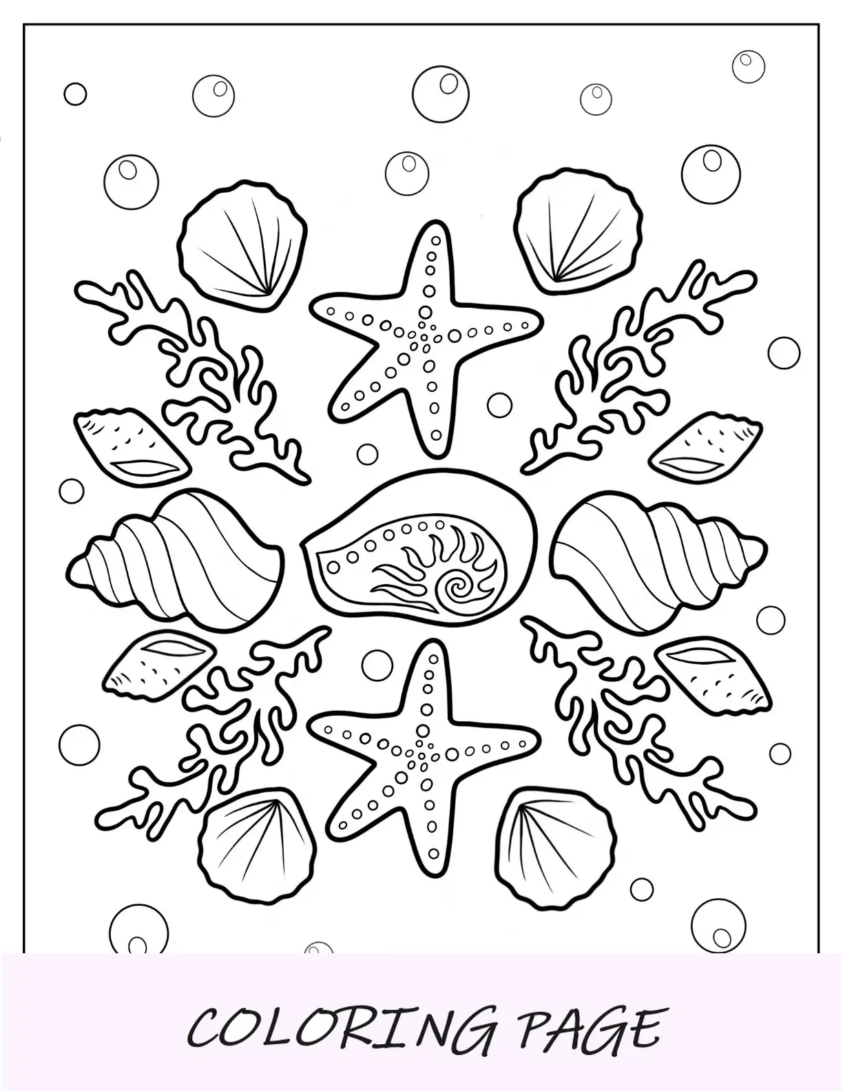 Página para colorir estrela do mar com conchas e algas marinhas