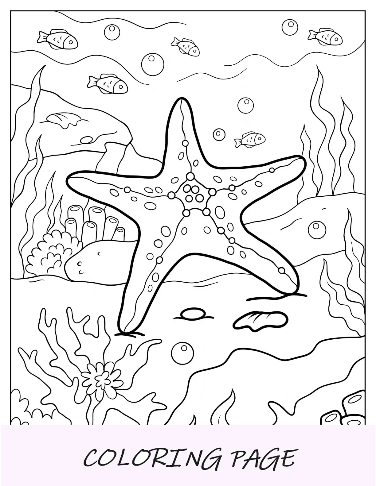 Página grande para colorir de estrela do mar em recife de coral para crianças