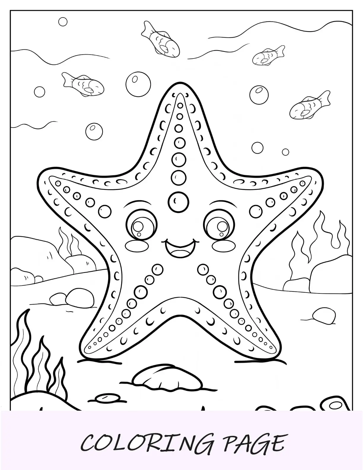 Página para colorir de estrela do mar feliz Kawaii para crianças em idade pré-escolar