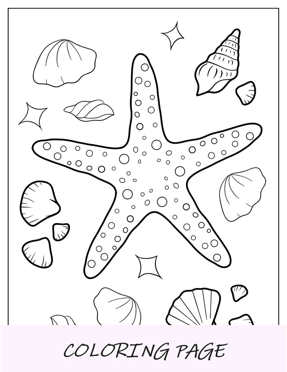 Página para colorir texturizada de estrela do mar com conchas