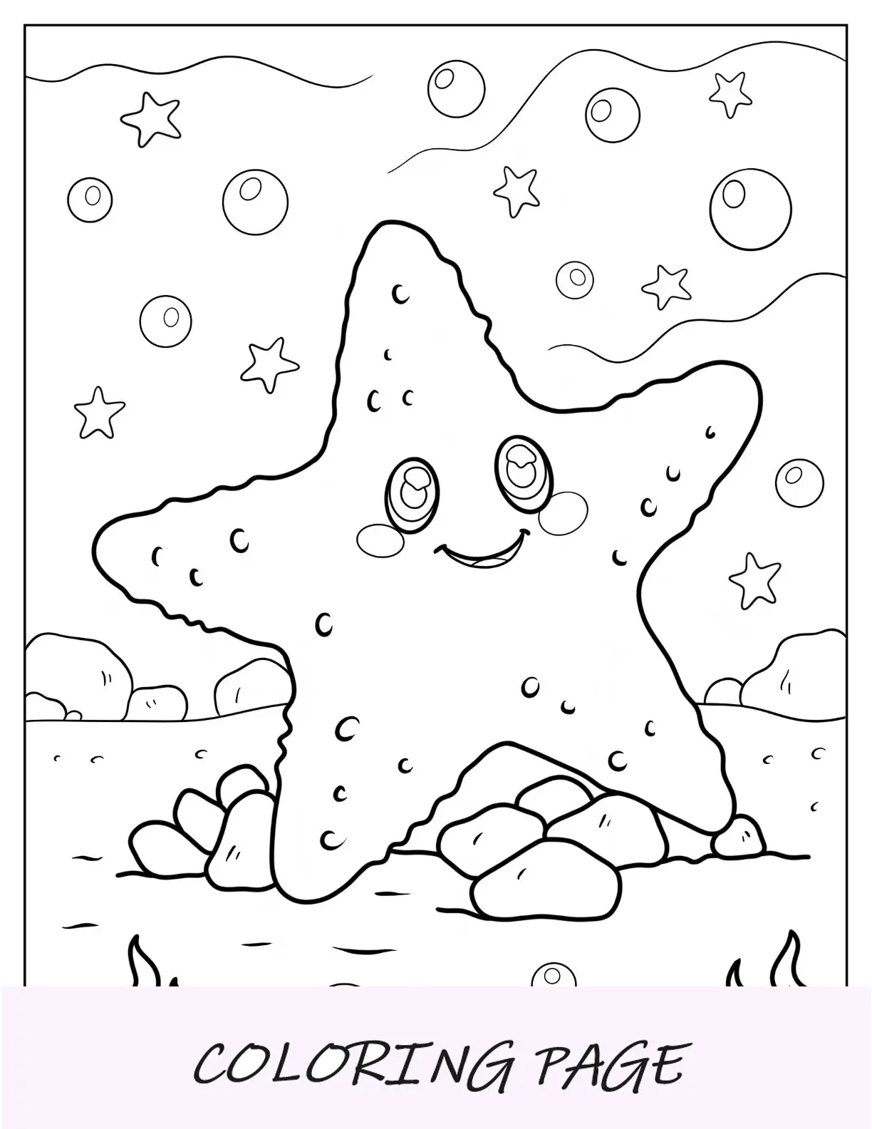 Página para colorir de estrela do mar cercada por bolhas no fundo do mar