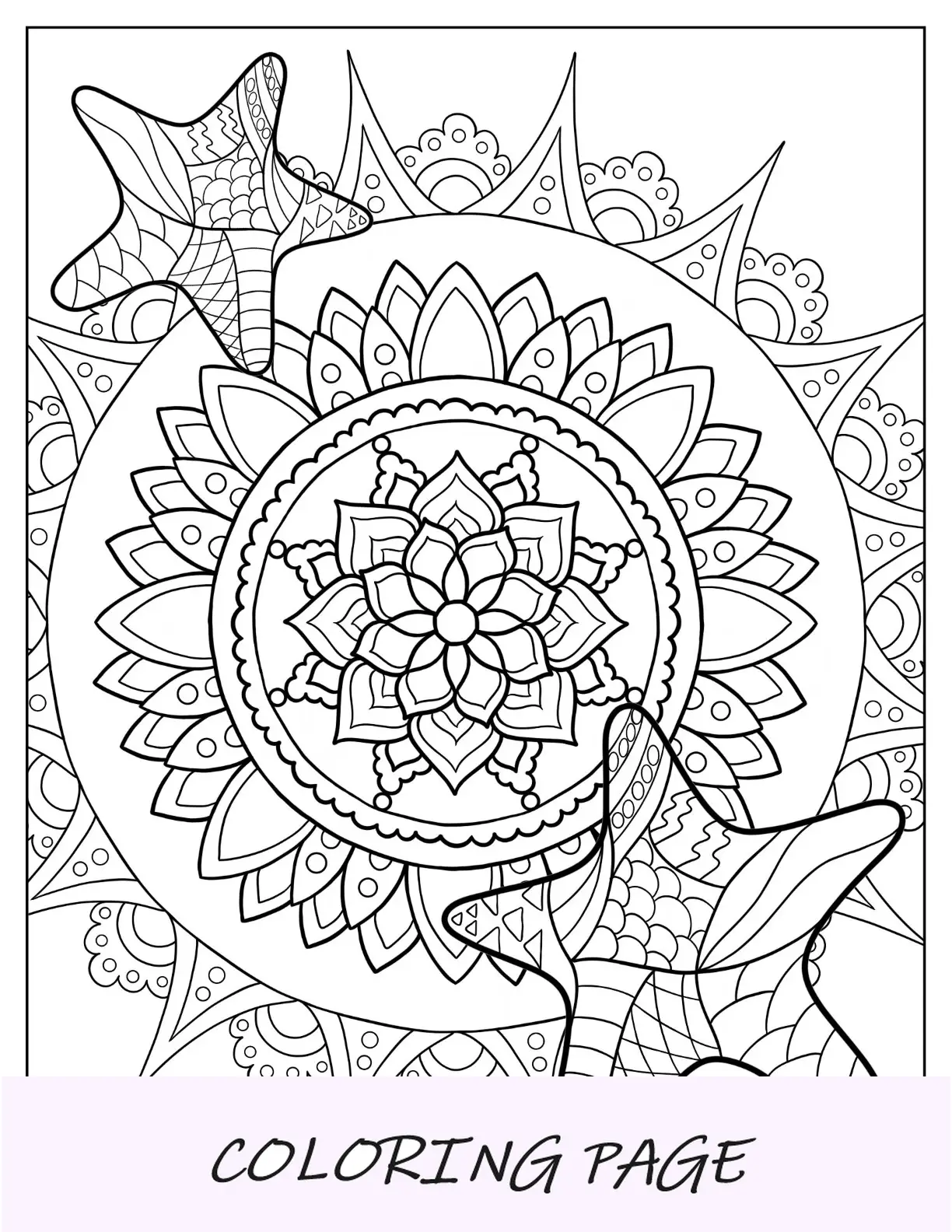 Página para colorir estrela do mar e mandala de flores