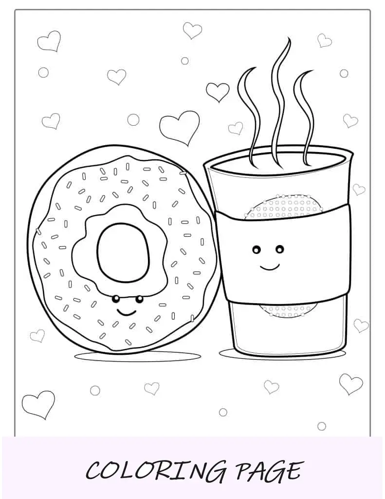 Página para colorir de donut e café fofo Kawaii