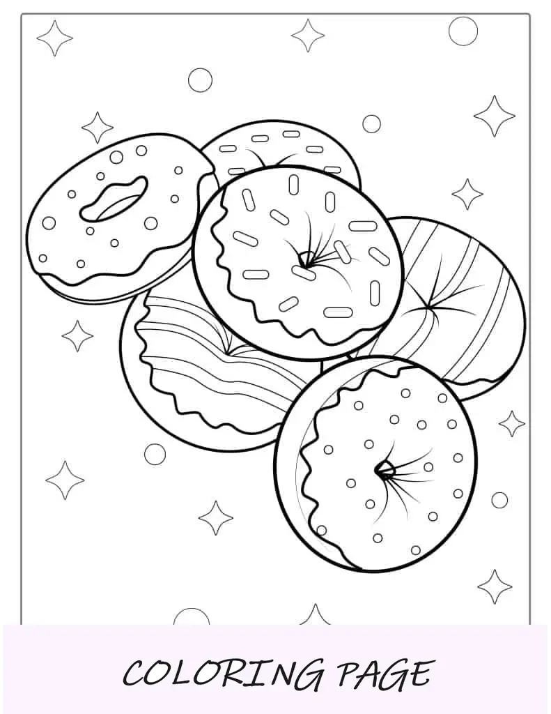 Página para colorir de donuts com cobertura variada